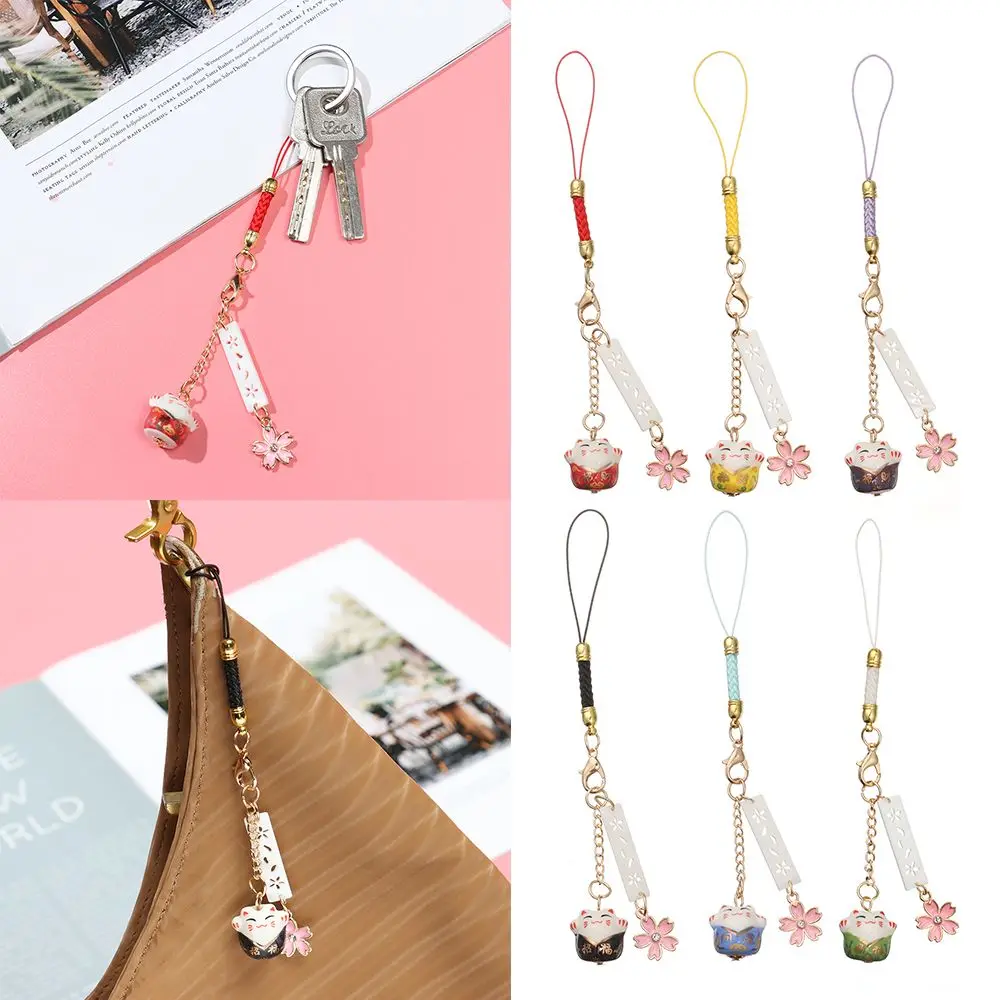 Rope Pendant Phone Strap Lanyard Bells Keychain Wrist Rope Sakura Lucky Cat Phone Lanyard Anti-lost Lanyard Phone Strap Lanyard