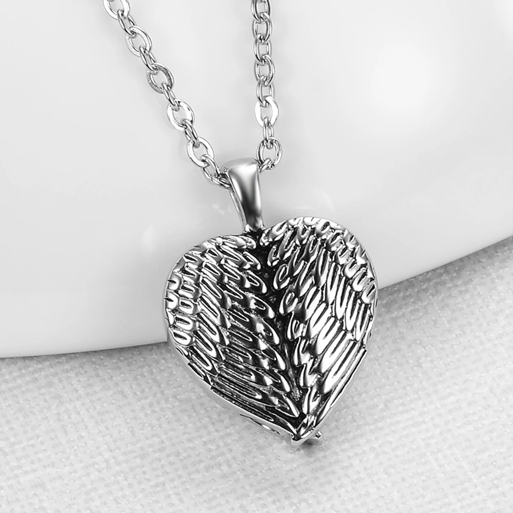 Angel Wings Heart Memorial Jewelry Stainless Steel Cremation Urn Holder Necklace Ashes Keepsake Pendant Hypoallergenic