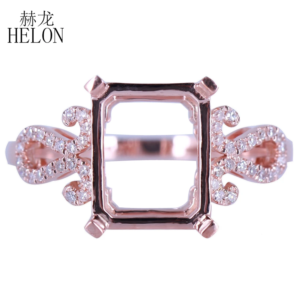 

HELON Solid 14K Rose Gold Pave Natural Diamonds Semi Mount Engagement Wedding Fine Jewelry Ring Setting Fit Emerald Cut 10x8mm