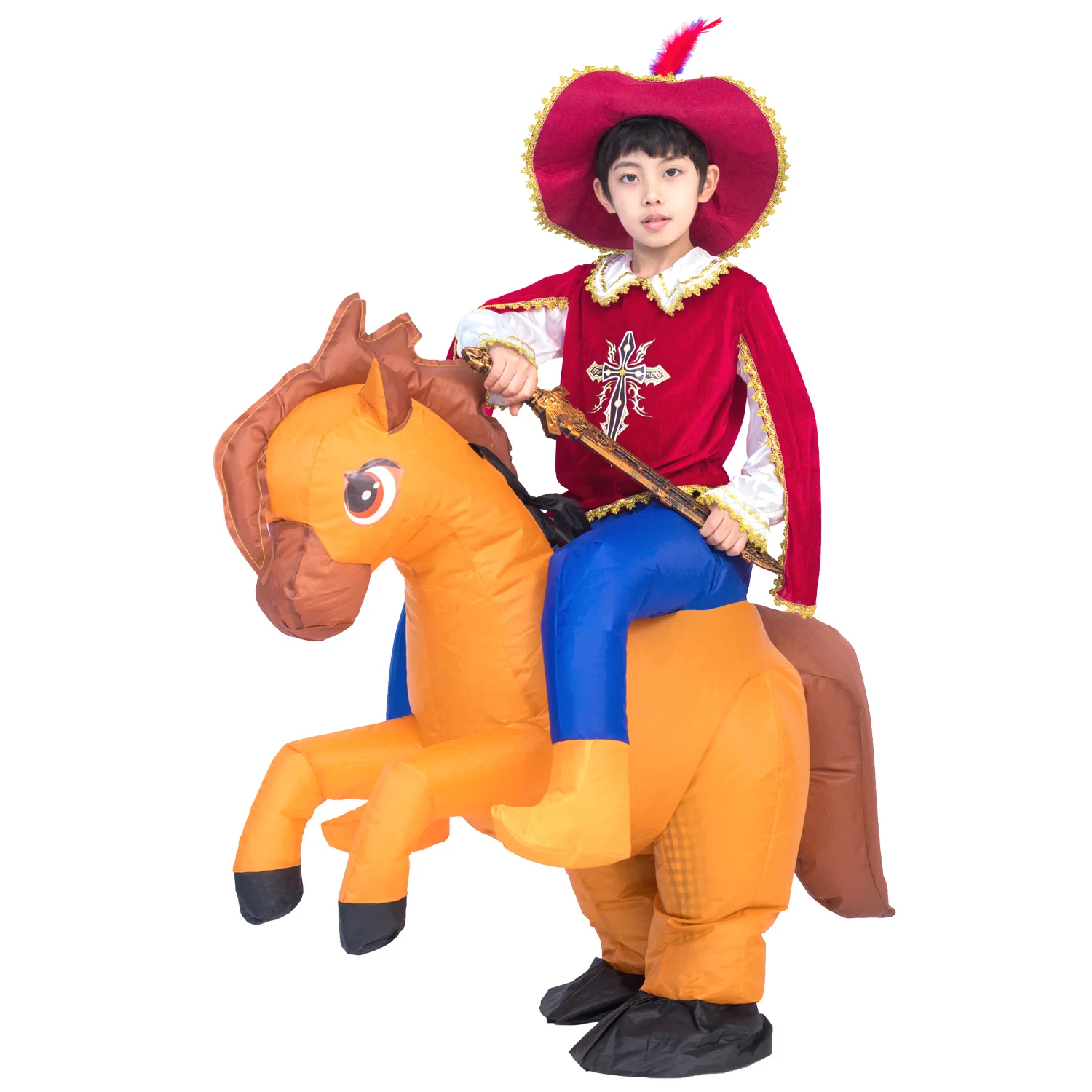 Boys Inflatable Medieval Knight Crusader Riding Horse Costume Child Kids Halloween Purim Party Inflated Fancy Dress Cosplay