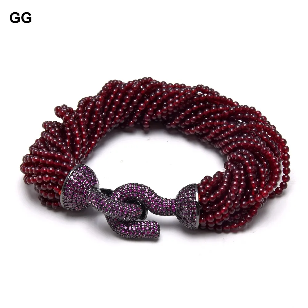 GuaiGuai Jewelry 20 Rows Natural Round Real Gems Garnet Beads Bracelet Gunmetal Color Plated Purple CZ Pave Clasp 8.5'' For Wome