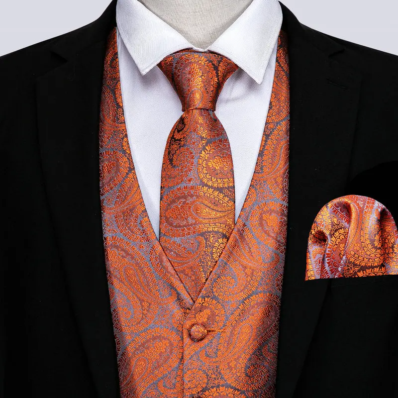 Barry.Wang Fashion Men Suit Vest Orange Paisley Waistcoat Silk Tailored Collar V-neck Check Vest Tie Set Formal Leisure M-2042