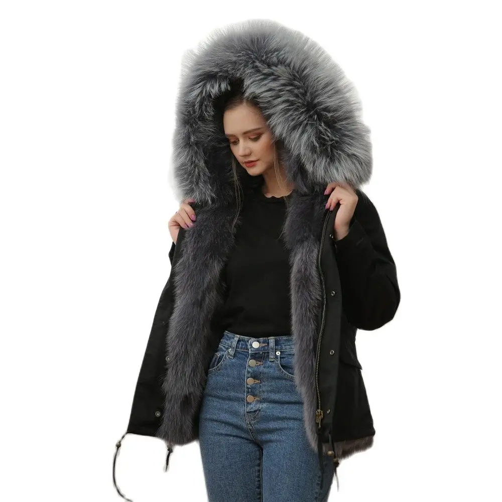 

Plus Size Thick Warm Coat Grey Fox Fur Lined Parka Short Fur Clothes Women Fashion Overcoat