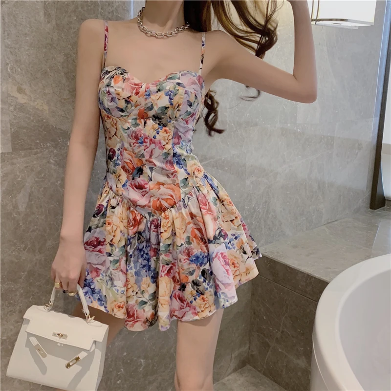 

Summer Floral Sling Dress Women 2021 New Fashion Midi Strap Dress Sexy Purple Ruched Holiday Beach Dresses Femme Robe Sundress