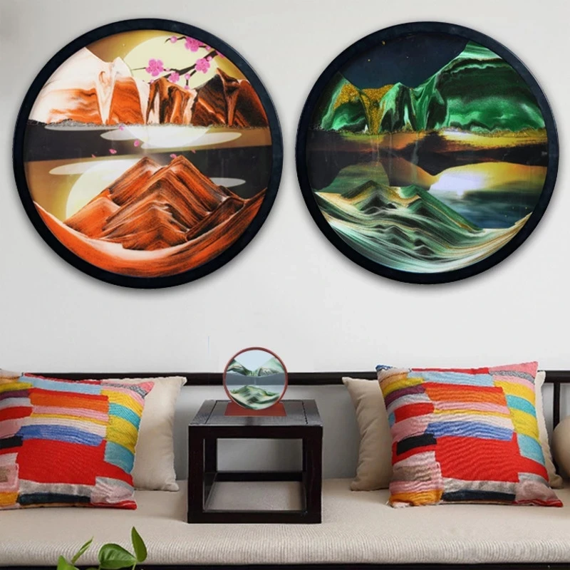 12-24inch Art Picture Round Glass Sandscape In Motion Flowing Sand FrameLarge Wall Hanging Sandscape Moving Quick Sand Painting