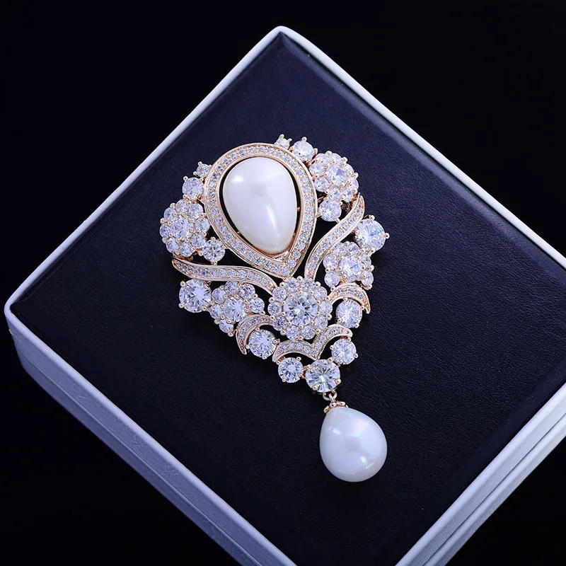 OKILY Vintage Women Large Pearl  Bridal Zircon Rhinestone Water Drop Brooch Pin Jewelry Charm Wedding Party Sparkling Brooch