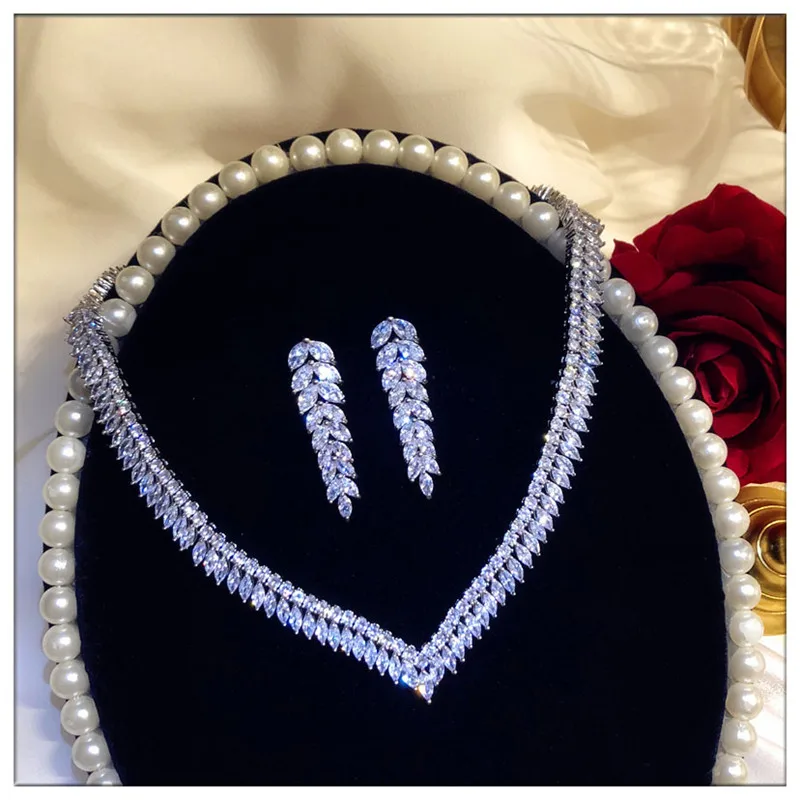 Fine Jewelry Sets For Women Sterling S925 Cubic Zirconia Leaves Bridal Drop Earrings Necklaces Pendants Set High Quality