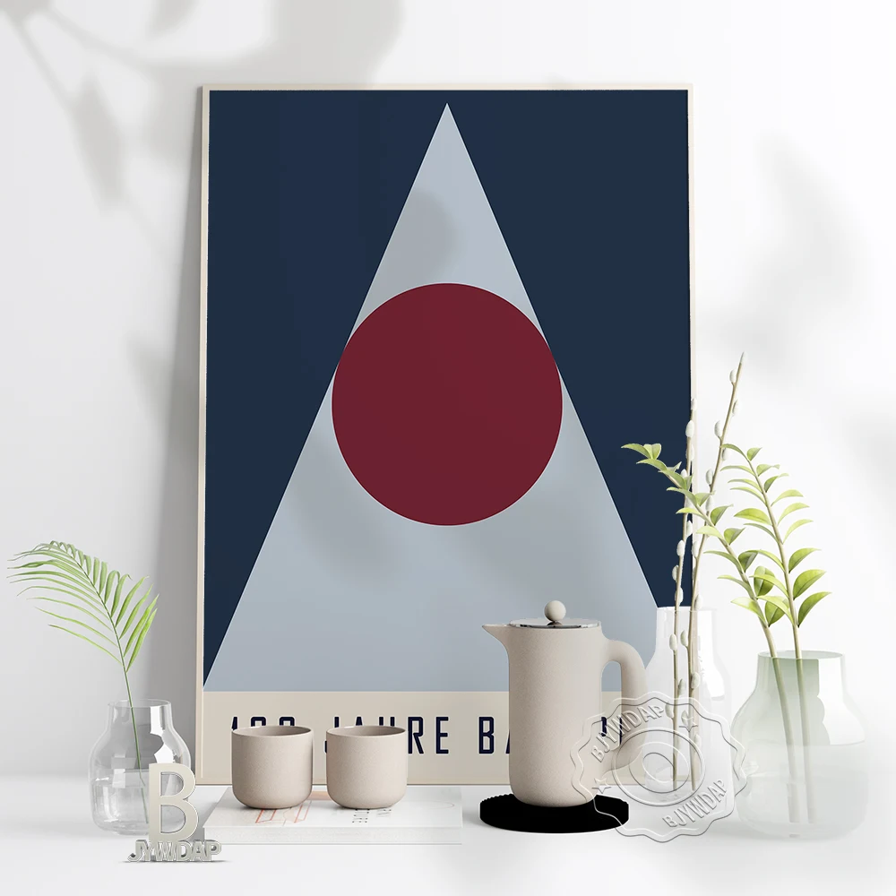 Bauhaus Exhibition Poster, Geometric Shadesblue Triangle Red Round Patterning Combination Poster, Minimalism Home Kid Room Decor