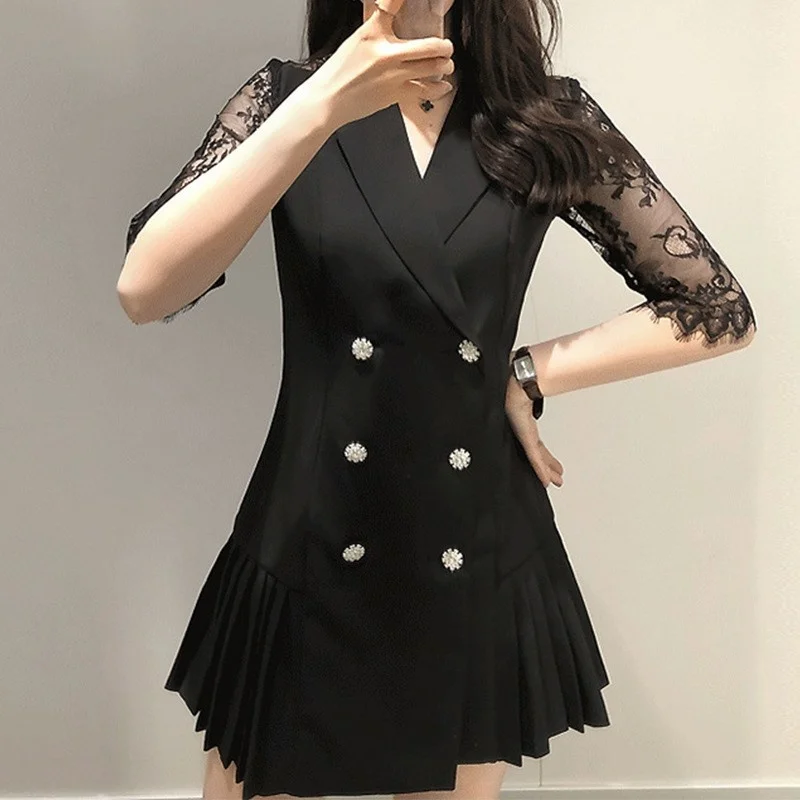 Ladies Office Double Breasted Suit Dress Lace Short Sleeve Pleated Dresses Women Summer Elegant Slim Fit Black White Mini Dress