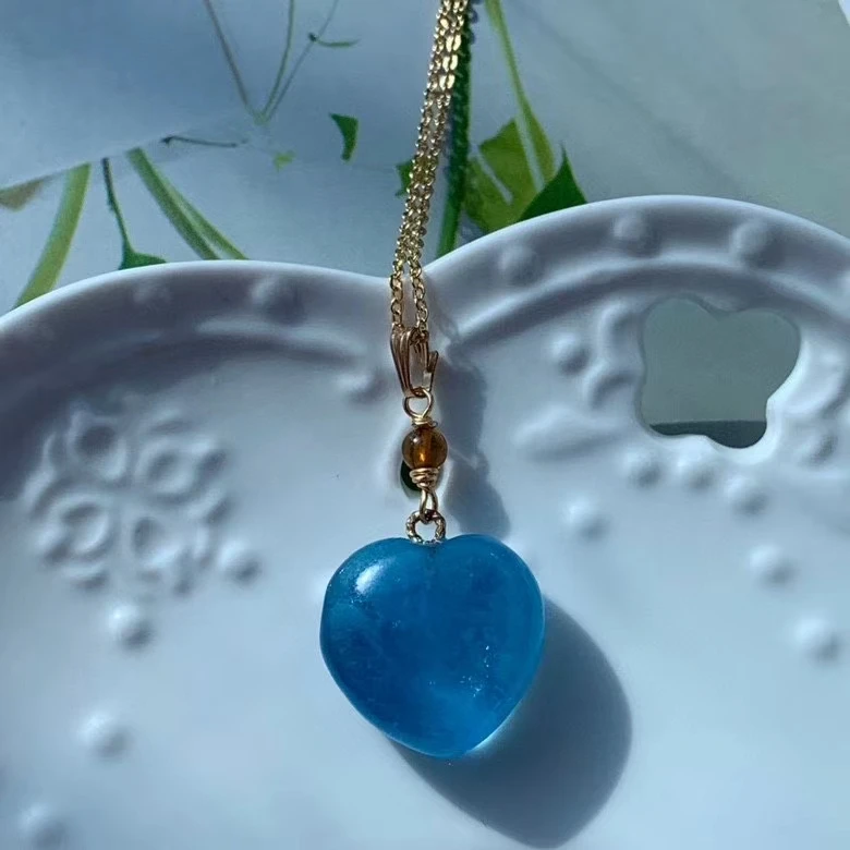 

Natural Blue Aquamarine Women Heart Love Pendant 14K Gold Gift 16.6*16*8mm Pearl Bads Necklace Certifiate