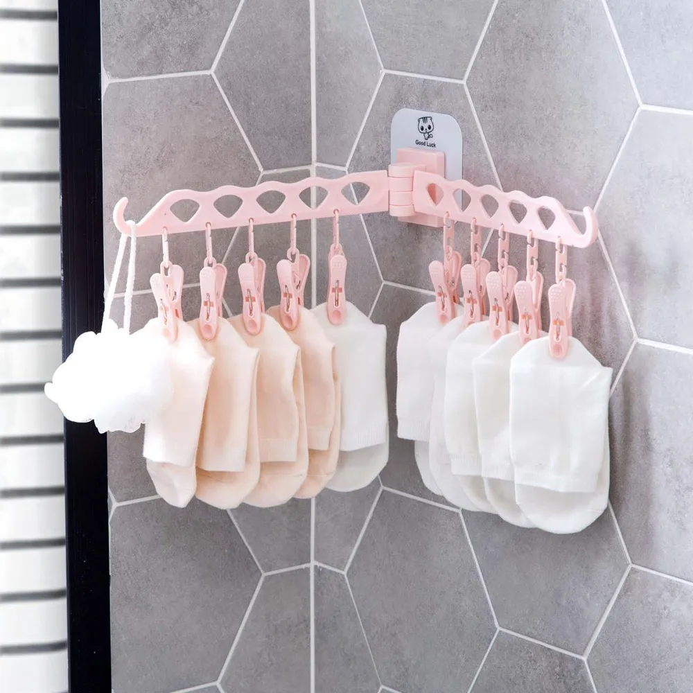 Bathroom 10 Clips Foldable Clothes Rack Hanger Laundry Folding Wall Underware Clothespin Mount Drying  Holder for Bra Socks