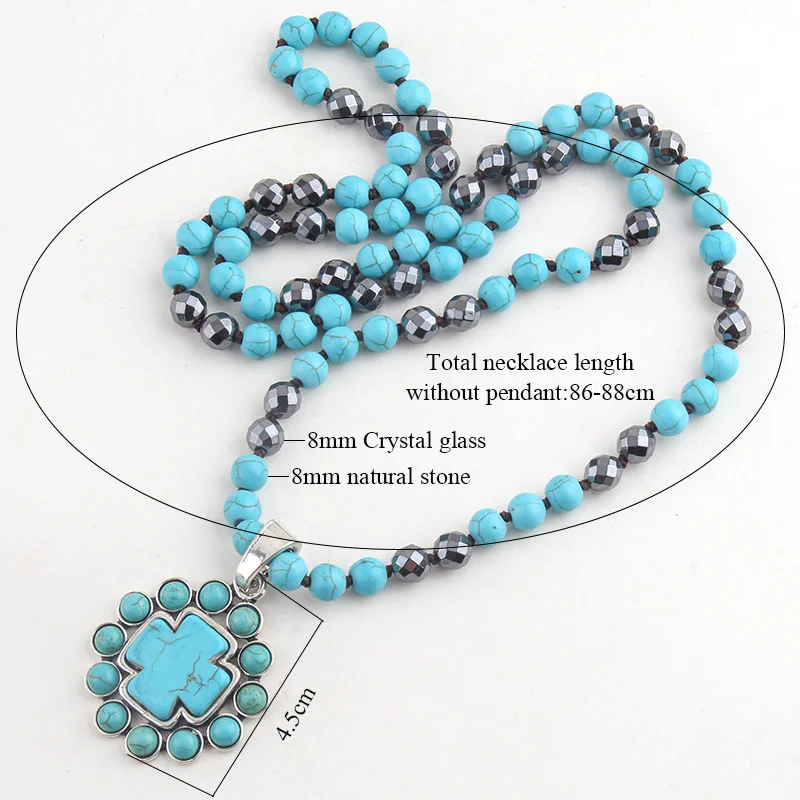 Fashion Bohemian Jewelry Accessory 8mm Stones Knotted With Stone Cross Pendant Necklaces For Women Boho Gift