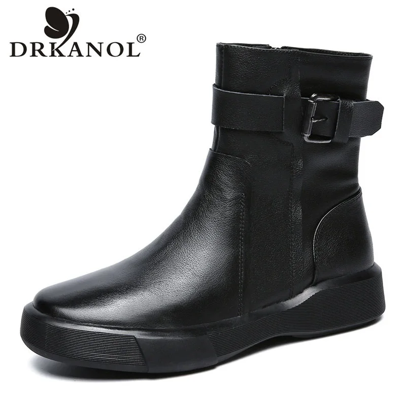 DRKANOL Fashion Genuine Leather Flat Boots Women 2024 New Autumn Winter Plush Warm Ankle Boots Ladies Side Zipper Short Boots