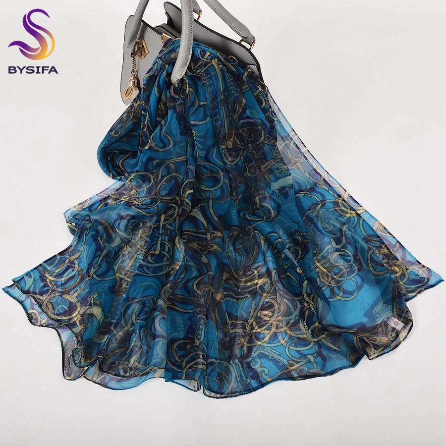 BYSIFA| Fall Winter Blue Silk Scarf Shawl Printed Fashion Women Brand Long Scarves New Spring Chain Design Ladies Neck Scarf