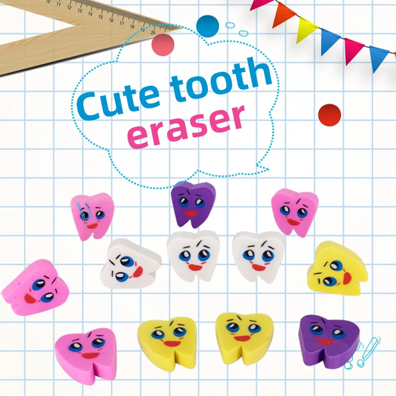 50pcs Cute Tooth Shaped Pencil Rubbler Kawaii Mini Erasers Dental Accessories Gift For Kids Children School Stationery Supplies