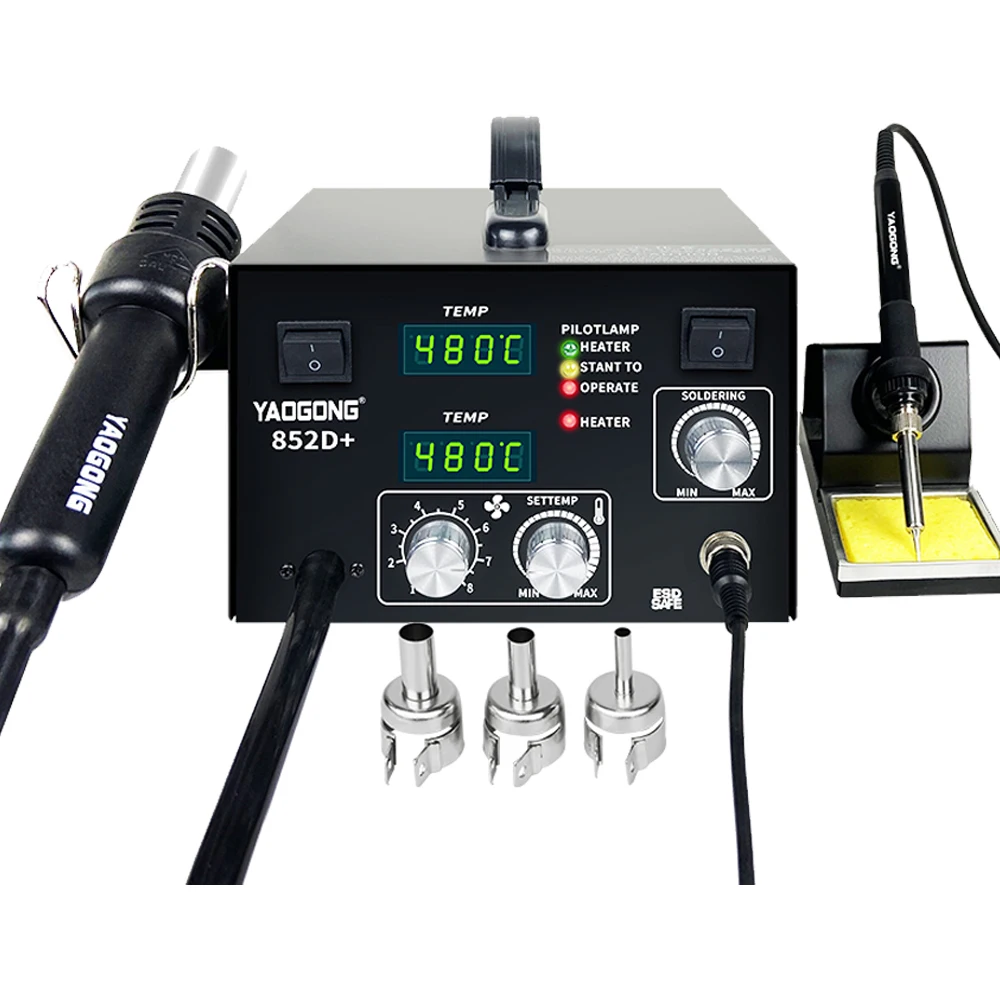 750W Air Pump Rework Station Type Yaogong 852D+ Double Digital Display Smd Heater Soldering Iron 2in1 YG-852D+