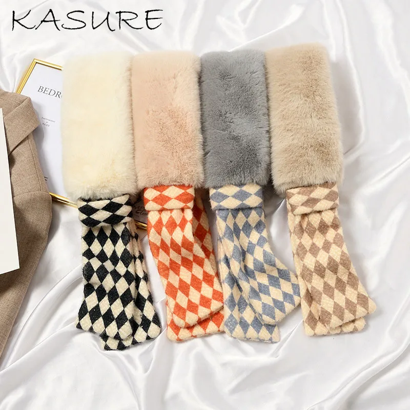 

Kasure 2020 New Women's Letter Design Knitted Scarf Neckerchief Women Fashion Thick Warm Faux Rabbit Fur Neck Collar Scarves