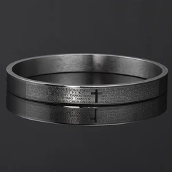 New Luxury Cuff Cross Bracelet Bangle Stainless Steel Open Bracelet Carving Spanish Scripture For Men Women Jewelry