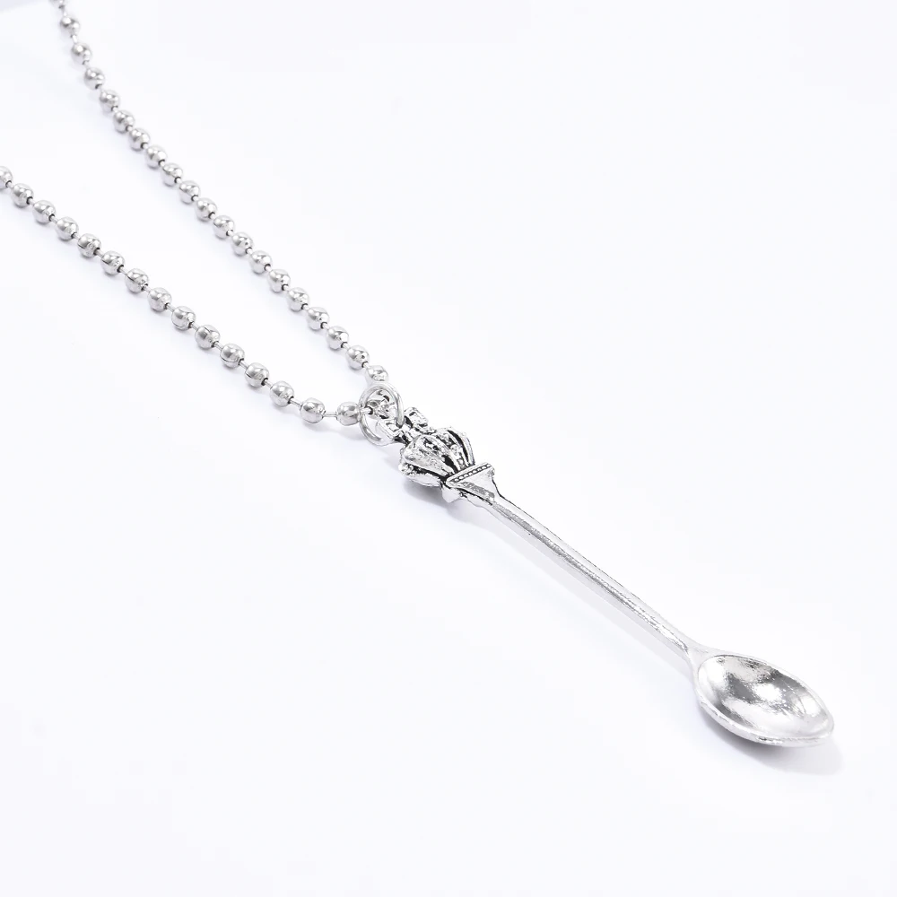 Fashion Women Men Crown Mini Tea Spoon Shape Pendant Long Chain Necklace Sweater Metal Chain Necklace Jewelry