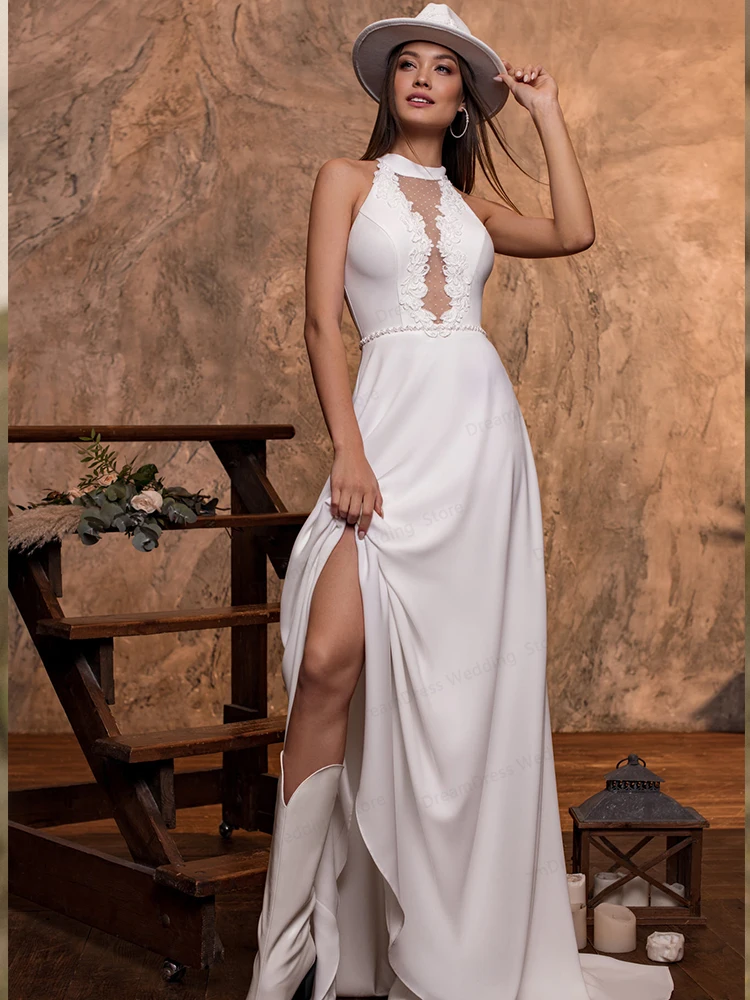 Sexy Mermaid Wedding Dress Sleeveless Floor Length Side Slit Custom Made Bridal Gown Robe De Mariage Lace Appliques Bride Lady