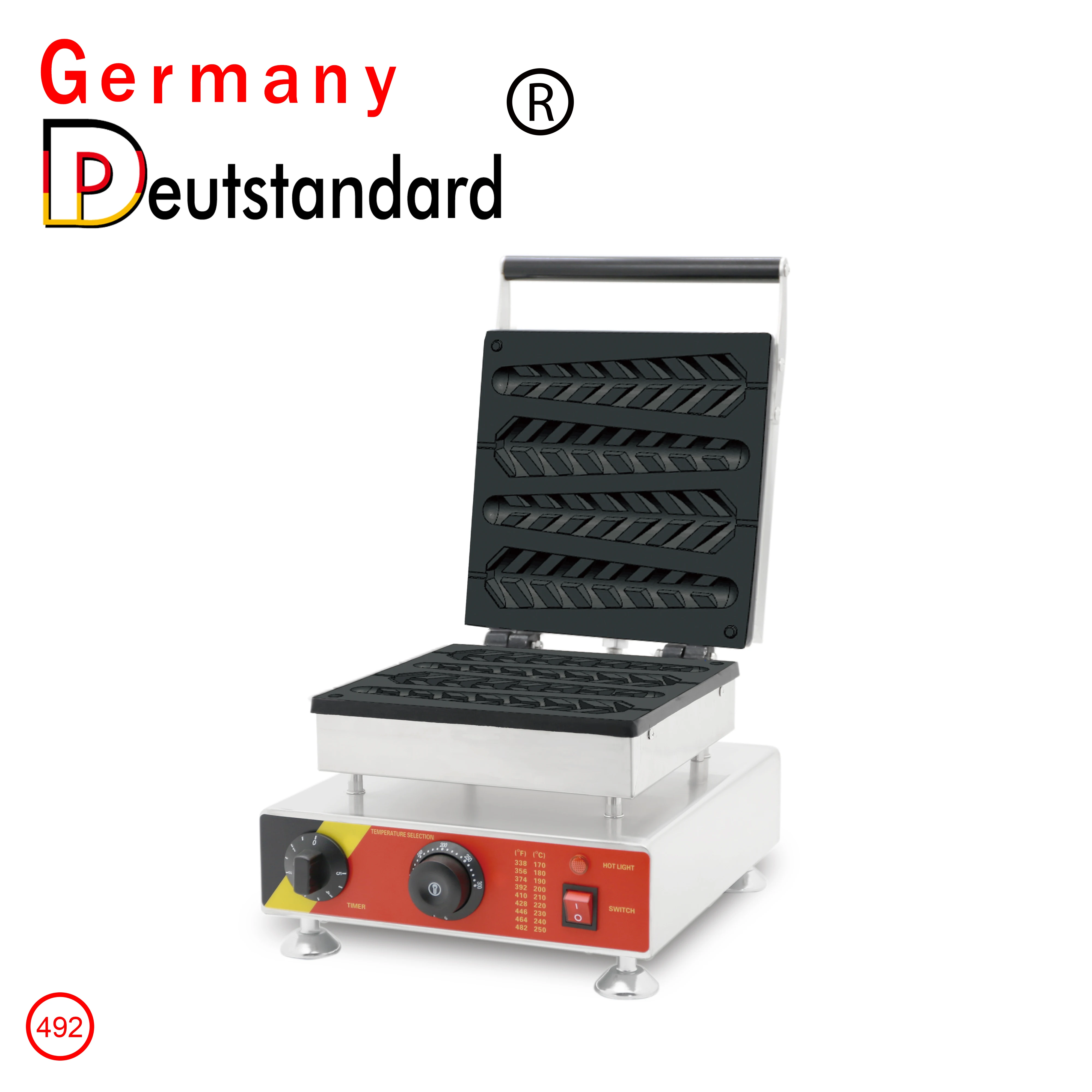 Máquina comercial de lanches, faz comida de rua, elétrica, forma de vara de waffle, máquina de waffle stick com bandeja de óleo, 4 unidades