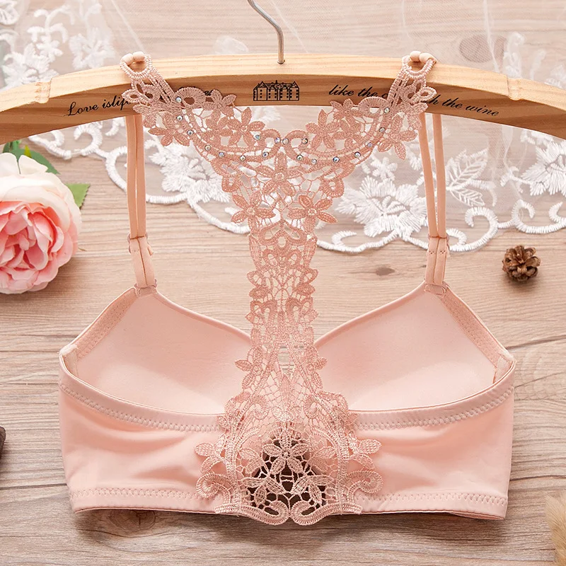 Soutien-gorge rembourré pour femmes, design super push-up, petite poitrine, sexy, dentelle, biscuits, fermeture frontale, canadiste, rose, bralette