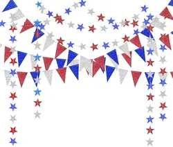 4th Fourth of July Glitter Red Blue Silver White Star Triangle Garland Banner For USA America Independence Day Celebration Decor