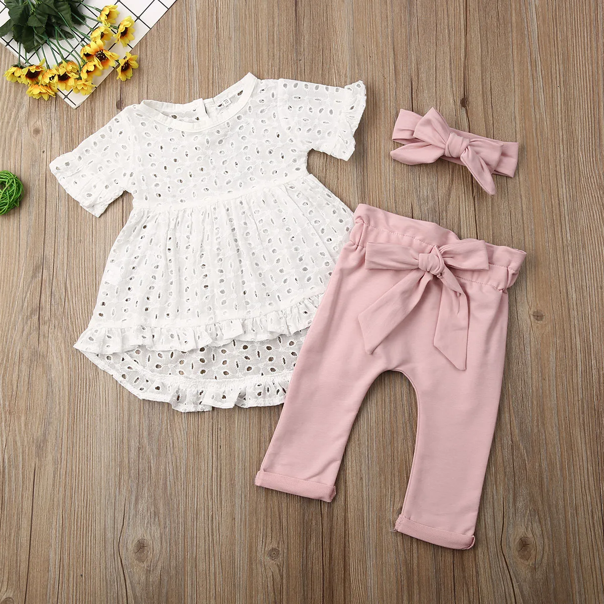 0-24M Newborn Kid Baby Girl Clothes Lace Top T-Shirt Pants Short Sleeve Bowknot Pants Headband 3pcs Outfit Set Toddler Clothing