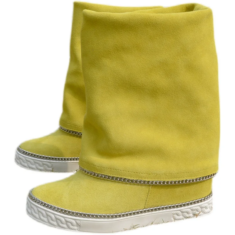 Royal Blue Pink Yellow Suede Fine Chains Middle Boots Inner Wedge Height Increased Round Toe Slip On Roman Boots - view 4