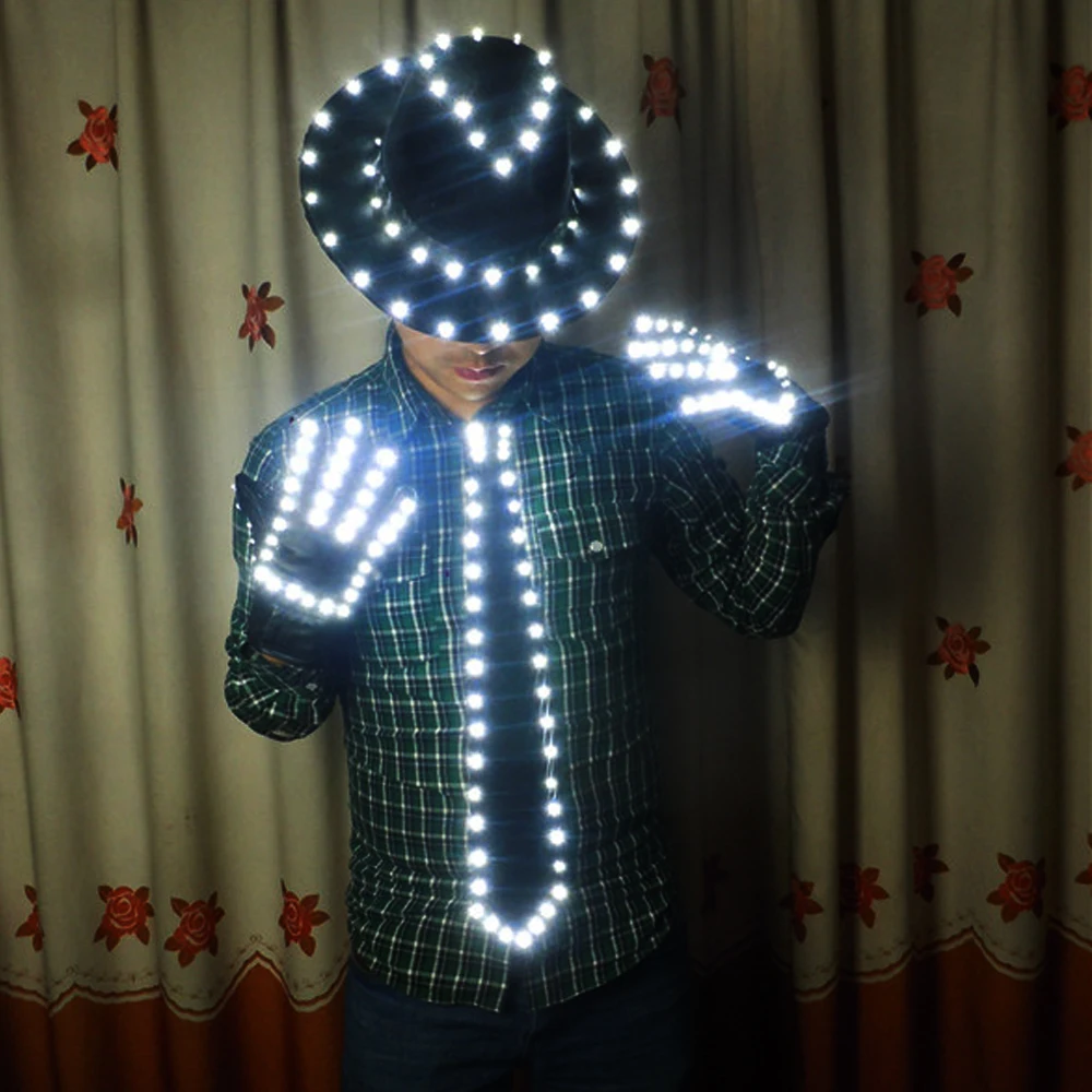 LED Costume Clothes LED luminous jazz Hat With Llight Tie LED gloves LED Suit For Michael jacket Cosplay Costume