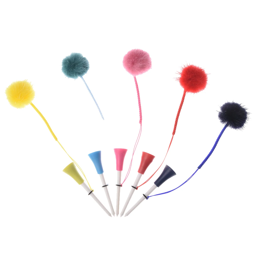 5Pcs Golf Rubber Tees With 4cm Imitation Mink Fur Plush Balls&Handmade Rope Prevent loss Different Colors Golf Ball Holder