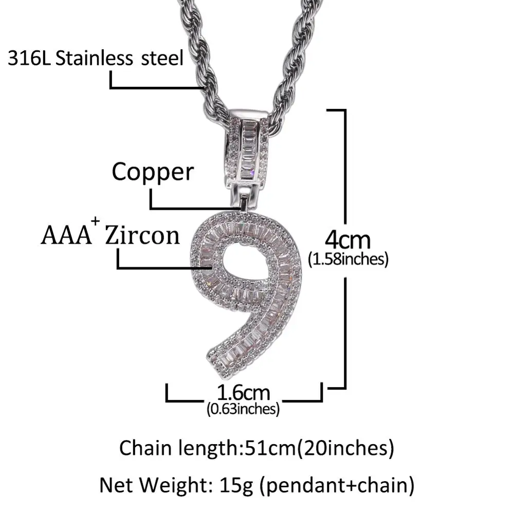 TBTK Hiphop Baguette 1-9 Cooper Numbers Iced Out Cubic Zircon Pendant Charm Necklace Hiphop Jewelry Wholesale