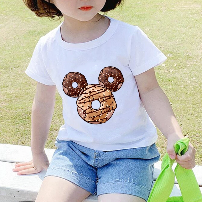 Funny Donuts Print Girls Tshirt Harajuku Kawaii Fashion Girl Tops Cartoon Casual Girl T Shirts Children Round Neck Short Sleeve