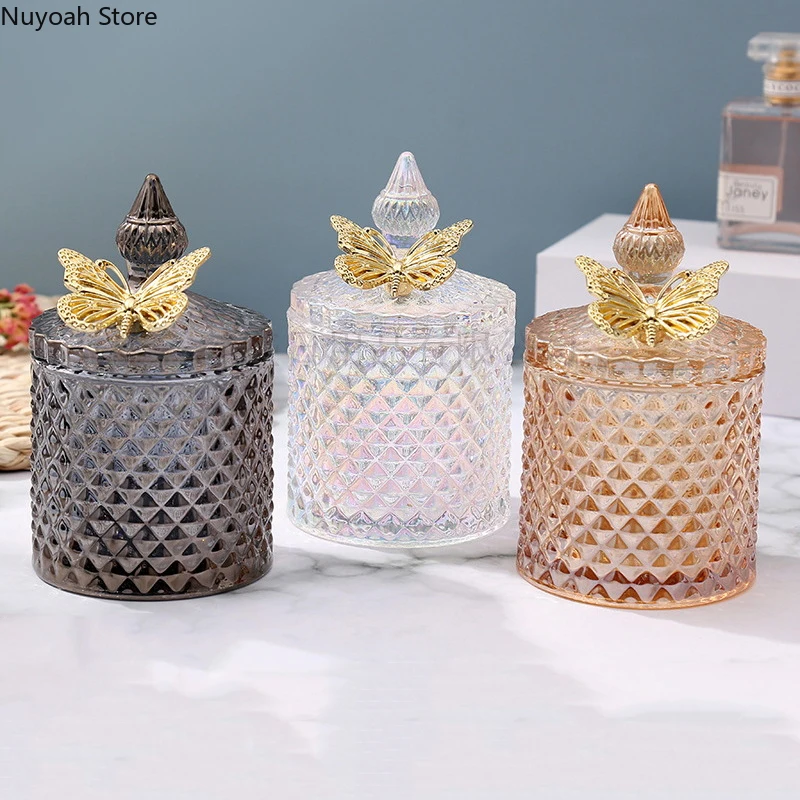 Creative Glass Jar Candle Jar with Lid Multicolor Jewelry Storage Box Round Storage Jar Living Room Home Decoration Accessories