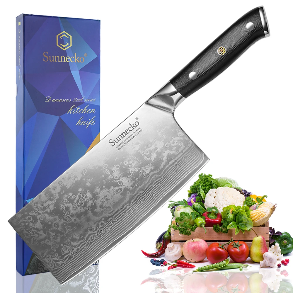 SUNNECKO VG10 Damascus Steel 7 Inch Chinese Meat Cleaver Chopping Knife G10 Handle High Quality Kitchen Slicing Splitting Tools