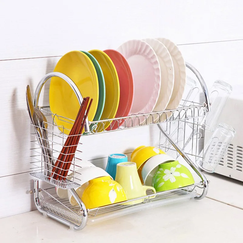 

Large Dish Drying Rack Cup Drainer 2-Tier Strainer Holder Tray Stainless Steel Kitchen Accessories Save Space Shelf Organizador