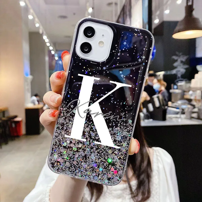 ปรับแต่ง Monogram ชื่อเริ่มต้น Glitter สำหรับ iPhone 14 13 12 11 Pro Max 8 Plus XR XS Max luxury Clear Personalisa ฝาครอบ