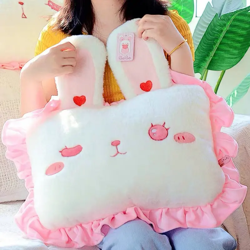 Super Soft Bunny Ear Cartoon Square Pillow Stuffed Sleeping Eyes Bed Throw Pillow Lolita Style Girl Bedroom Head Pillow Decor