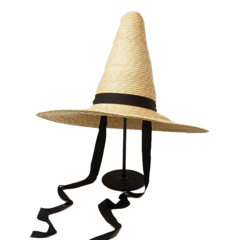 European American Custom Straw Hat Retro Pointed Top Wide Brim Stage Catwalk Designer Hat Magician Hats For Women Black Cape Cap