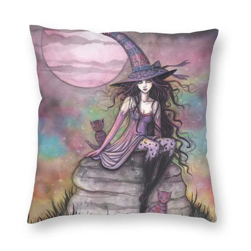 Enchanted Twilight Witch Cat Fantasy Art Cushion Covers Sofa Home Decor Halloween Square Pillow Cover 40x40