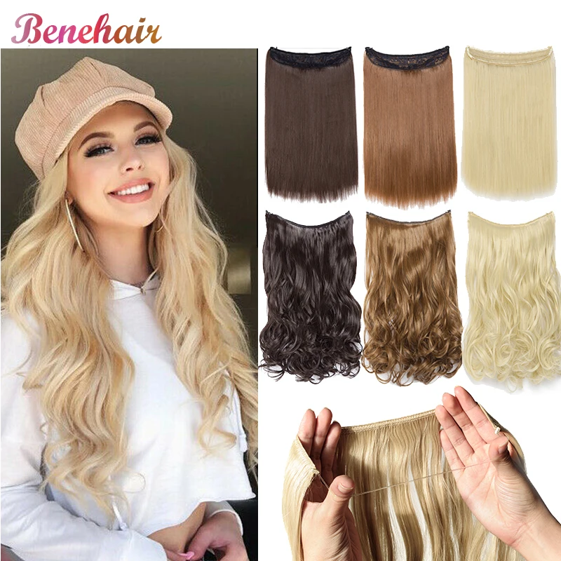 BENEHAIR Invisible Wire No Clips In Hair Extension Secret FishLine Hidden Extension Fake Hair Synthetic Hairpiece For Women