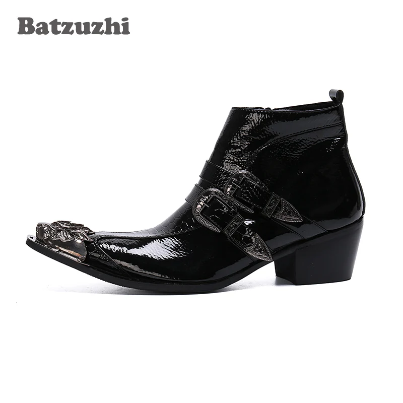 Batzuzhi 6.5cm High Heel Handmade Men Shoes Black Leather Boots Men Ankle Zip Business Dress Boots Party Boots Men! Size 38-46