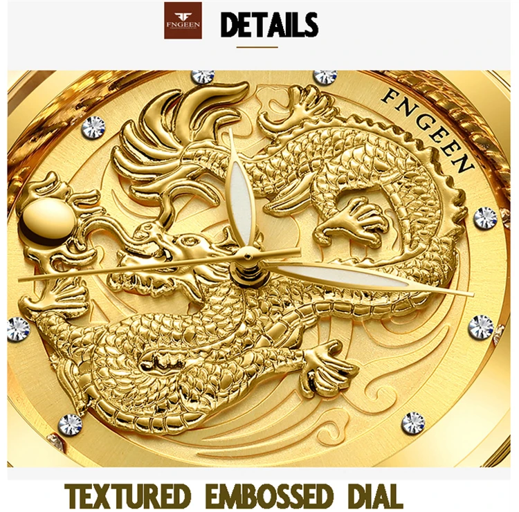 FNGEEN-Reloj de pulsera ultrafino de cuarzo para hombre y mujer, cronógrafo con correa de acero, diseño de dragón y Fénix, Color dorado, S666