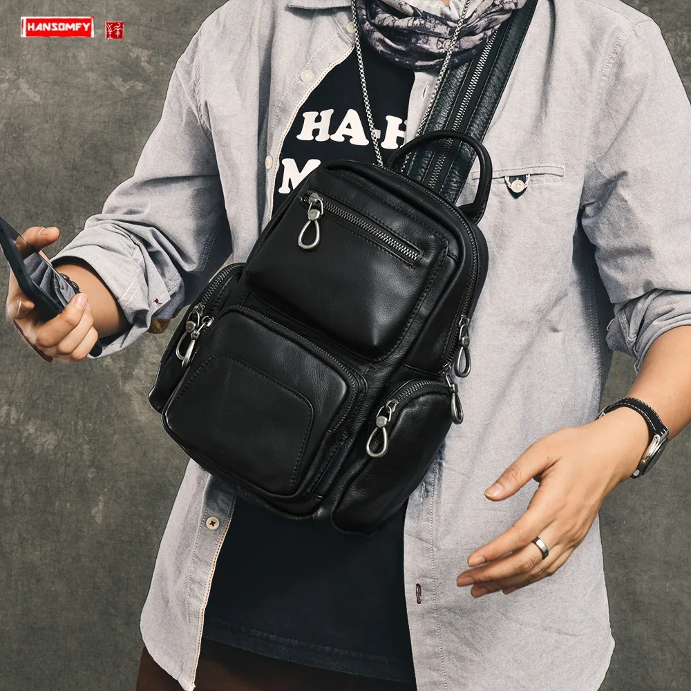 

Multi-functional Men's Leather Bag Black Genuine Leather Men Big Chest Bags Vintage Soft Cotton Versatile Zipper Cowhide Solid