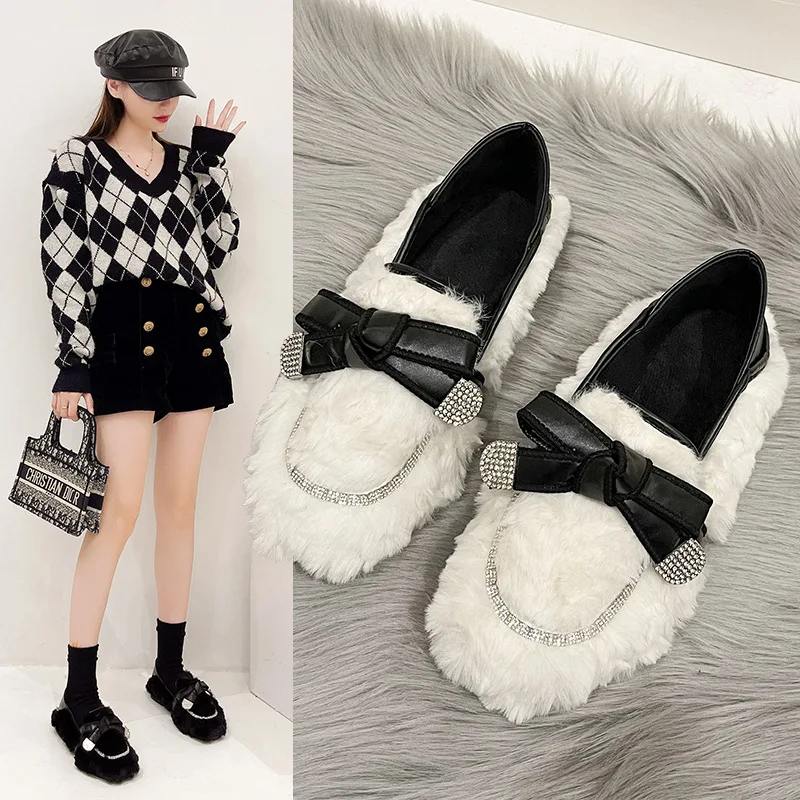 Woolen Shoes Women Wear 2021 Autumn and Winter New Rhinestone Fairy Bow and Velvet Lefu Shoes, Versatile Warm Cotton Shoes Women