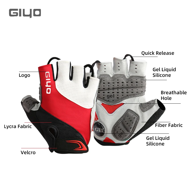 Giyo Half Finger Cycling Gloves Gel Palm Anti-Shock Wipe Sweat Design Lycra Fabric Mitten  MTB Road Bicycle Fingerless Glove