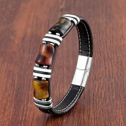 Handmade Natural Tiger Eye Stone Bracelet for Men, Personalized Leather Bracelets, Stainless Steel Jewelry, Fashion, 2024