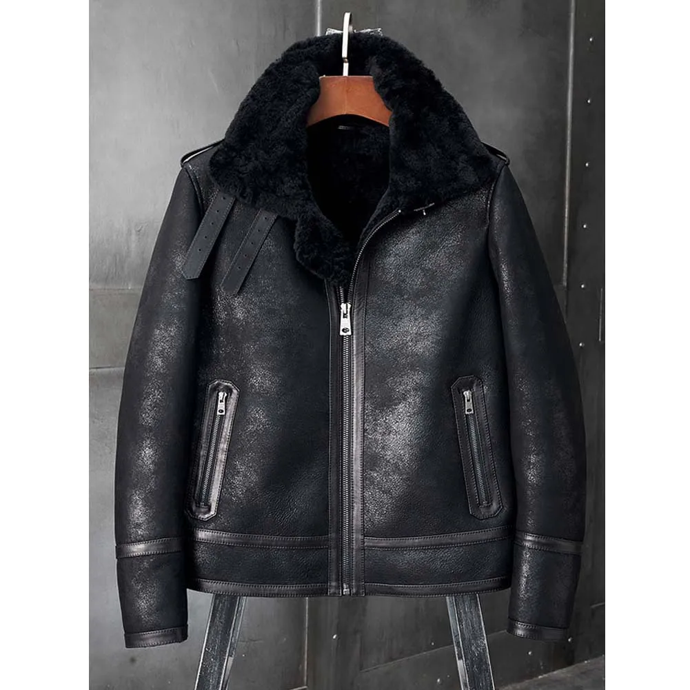 Manteau en peau de mouton Denny & Dora pour homme, veste en cuir noir, vêtements d'extérieur d'hiver, pardessus de moto en peau de mouton naturelle, nouveau, v1.Shearling