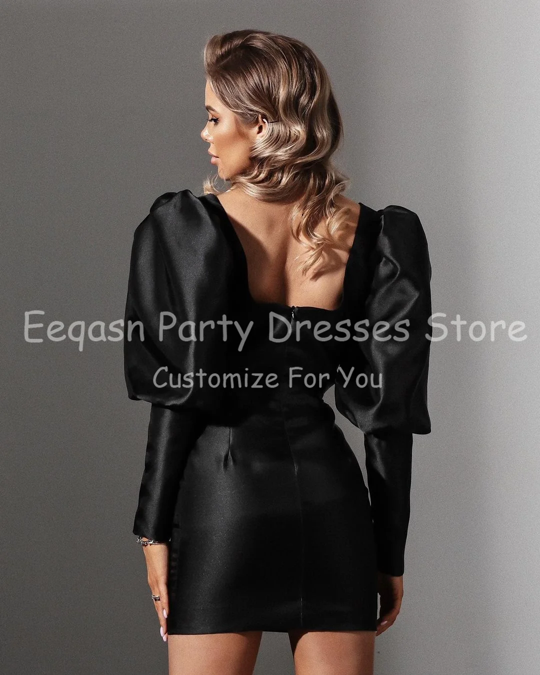 Eeqasn Silk Satin Schwarze Kurze Party Kleider Lange Ärmeln Platz Ausschnitt Über Dem Knie Mini Prom Kleid Formale Abendkleider Nach maß