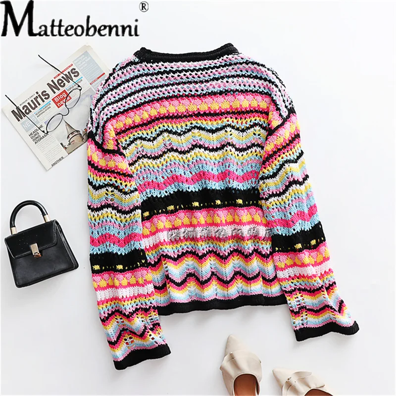 2021 Autumn Winter Women Patchwork loose Inter-Color Rainbow O Neck Striped Print Sweater Ladies Fashion Casual knitting Sweater